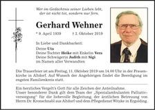 Traueranzeige Gerhard Wehner