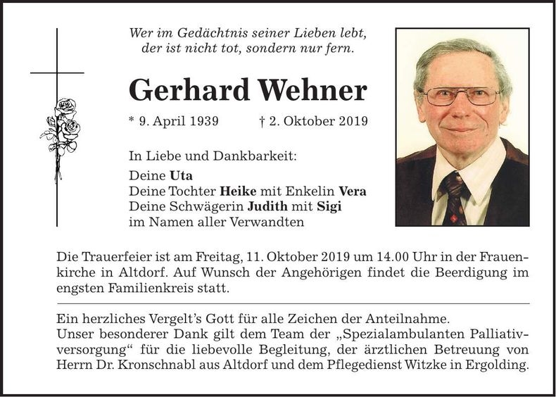Traueranzeige Gerhard Wehner