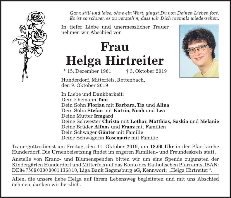 Traueranzeige Helga Hirtreiter