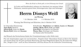 Traueranzeige Dionys Weiß