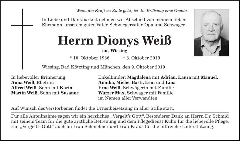 Traueranzeige Dionys Weiß