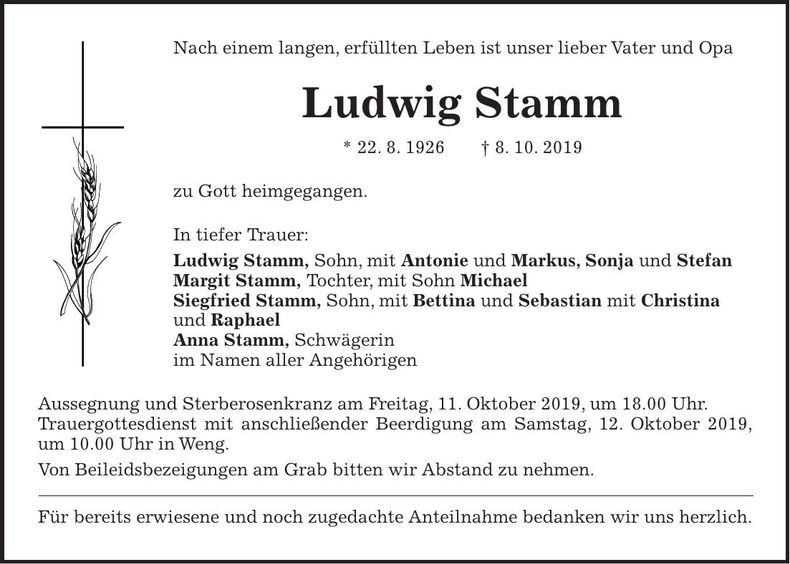 Traueranzeige Ludwig Stamm