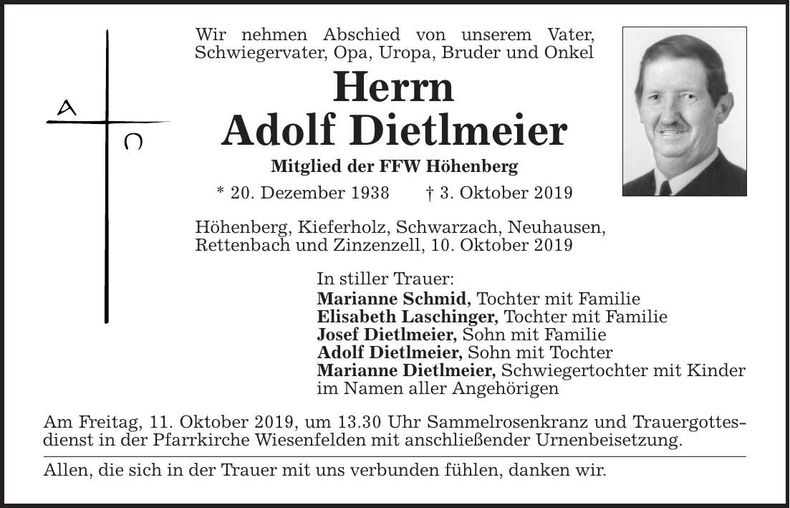 Traueranzeige Adolf Dietlmeier