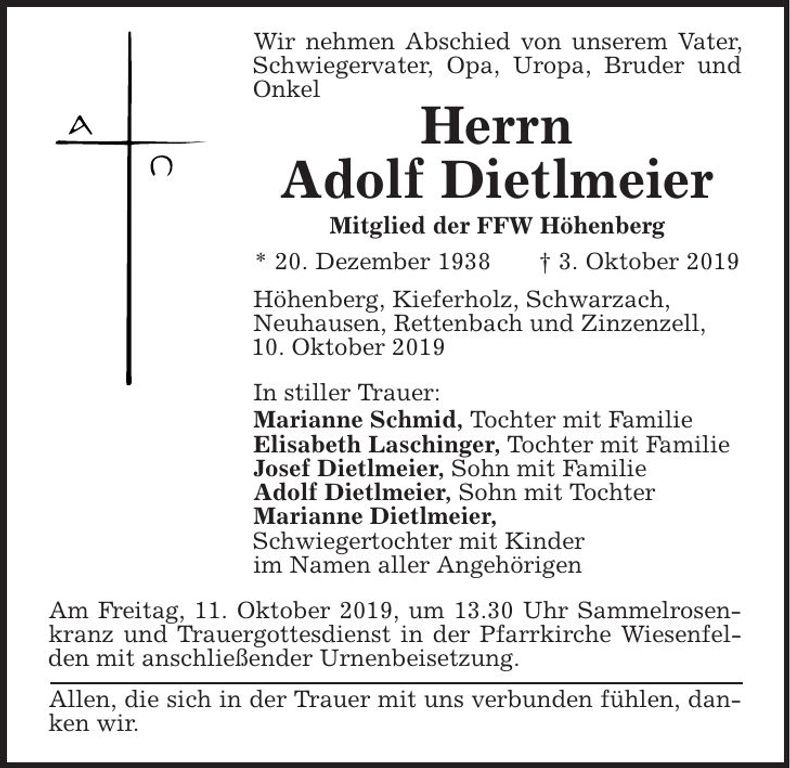 Traueranzeige Adolf Dietlmeier