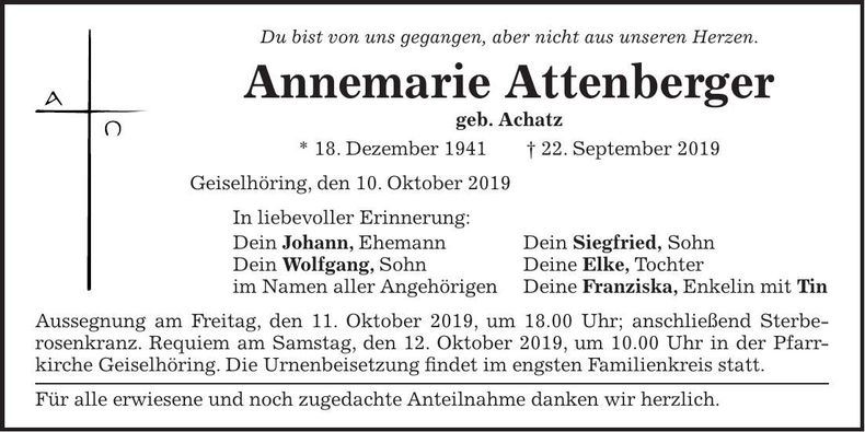 Traueranzeige Annemarie Attenberger