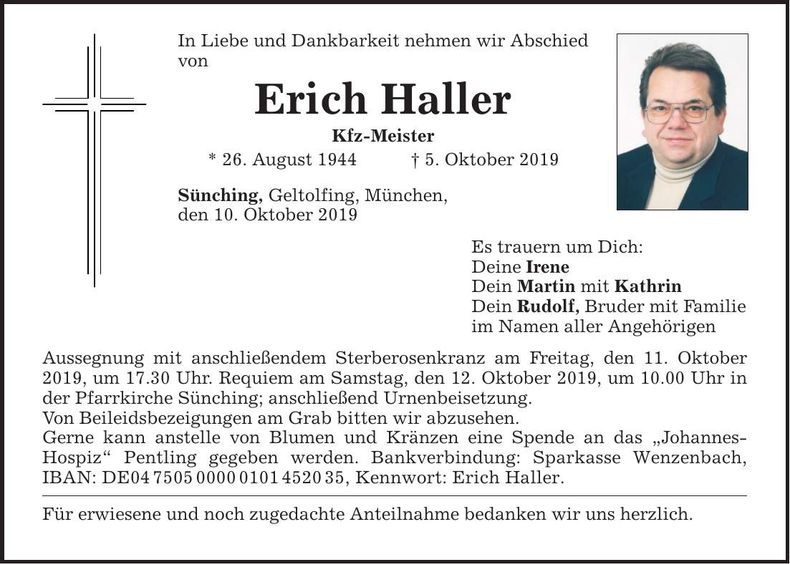 Traueranzeige Erich Haller