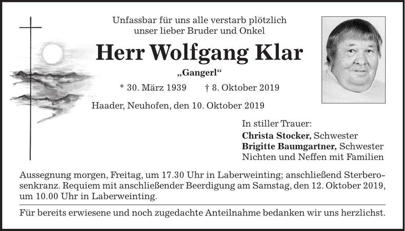Traueranzeige Wolfgang Klar