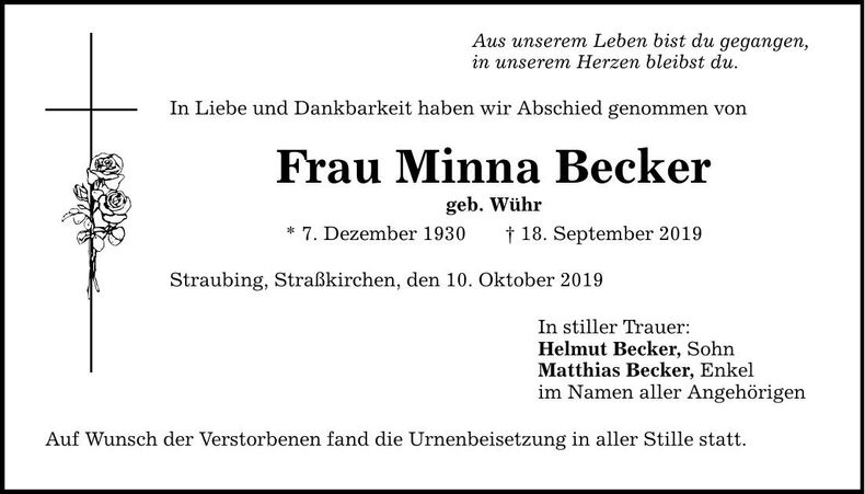 Traueranzeige Minna Becker