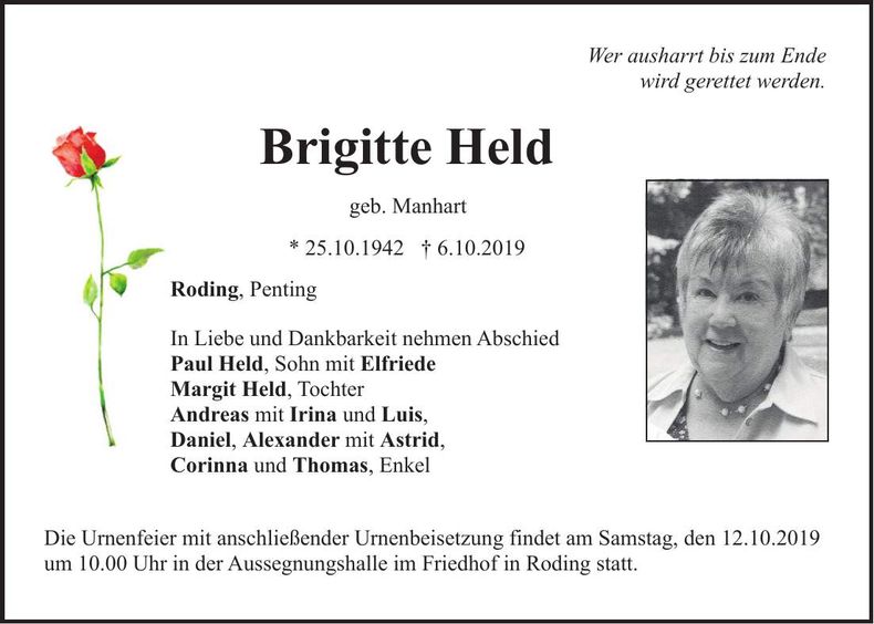 Traueranzeige Brigitte Held