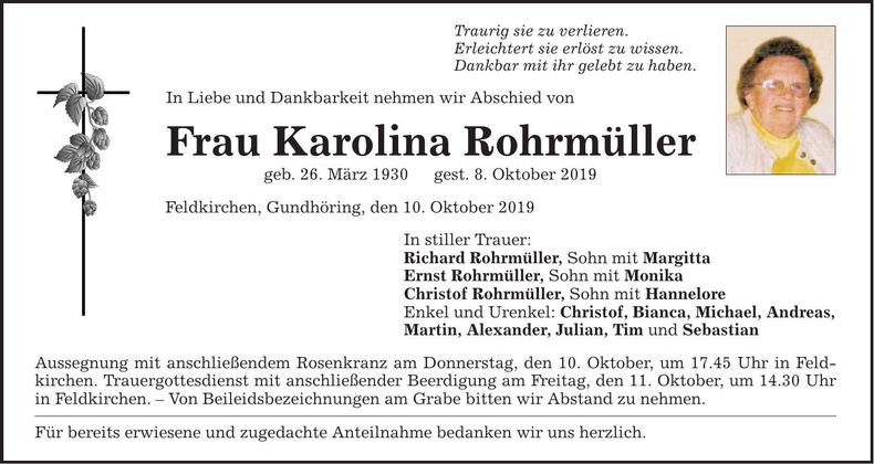 Traueranzeige Monika Rohrmüller