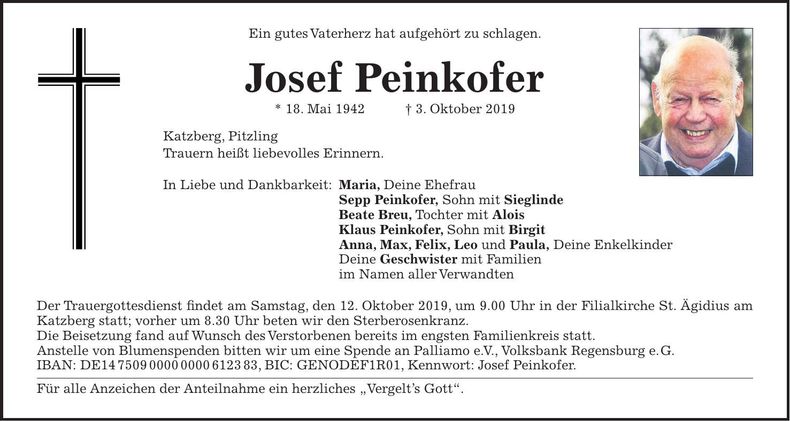 Traueranzeige Josef Peinkofer