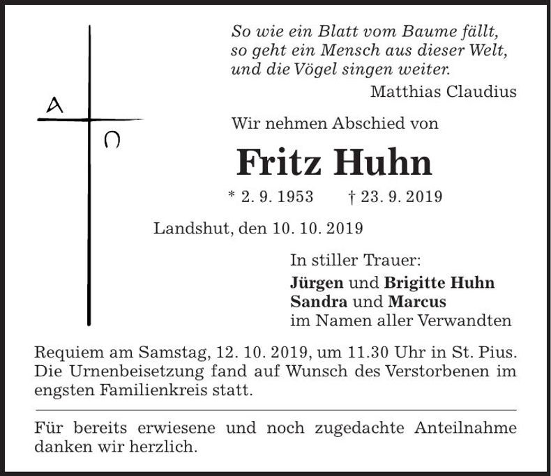 Traueranzeige Fritz Huhn