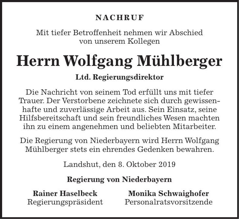 Traueranzeige Wolfgang Mühlberger