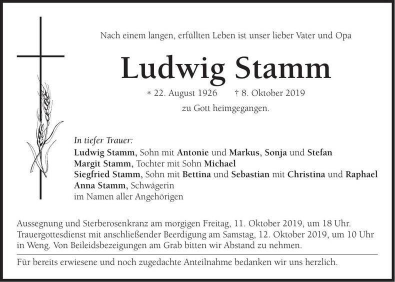 Traueranzeige Ludwig Stamm