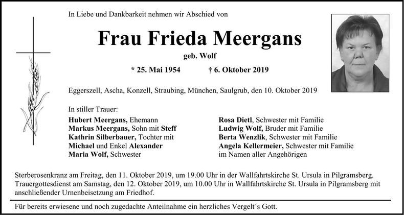Traueranzeige Frieda Meergans