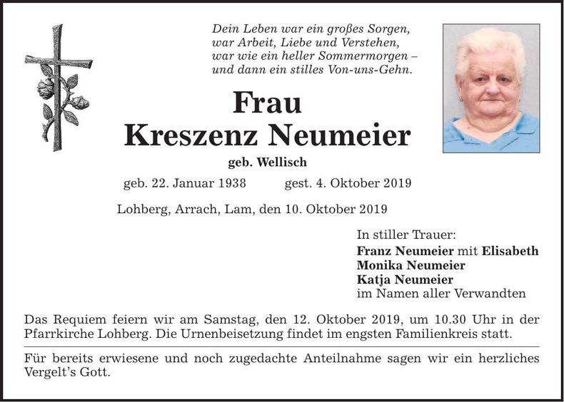 Traueranzeige Kreszenz Neumeier