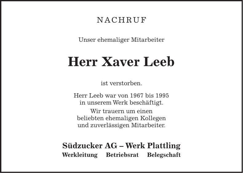 Traueranzeige Xaver Leeb
