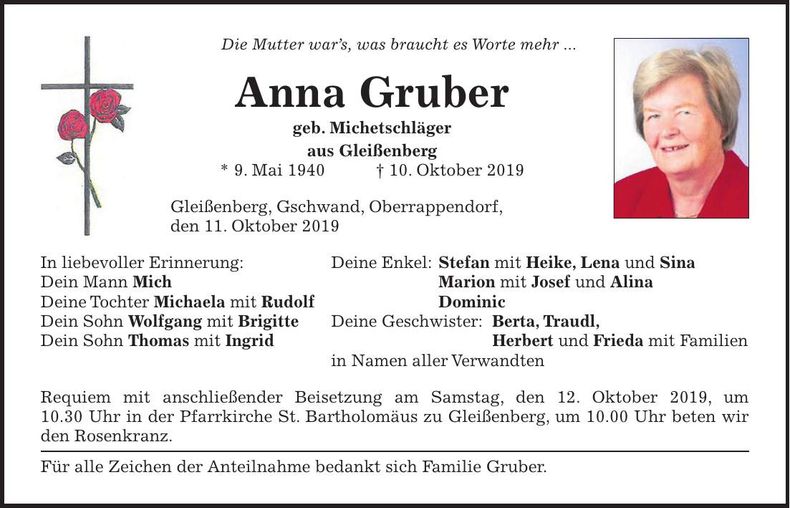 Traueranzeige Anna Gruber
