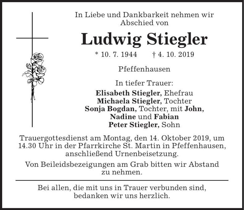 Traueranzeige Ludwig Stiegler