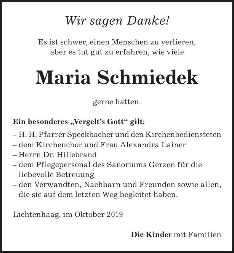 Traueranzeige Maria Schmiedek