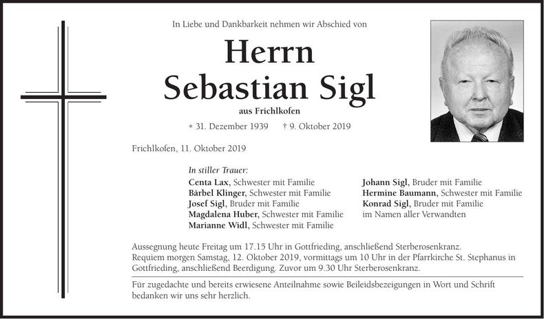 Traueranzeige Sebastian Sigl