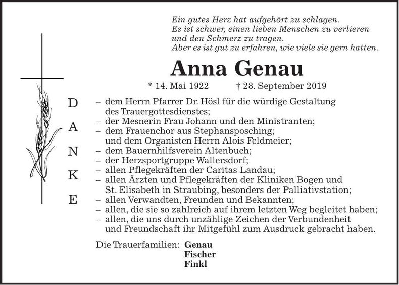 Traueranzeige Anna Genau