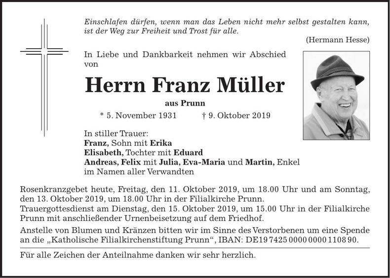 Traueranzeige Franz Müller