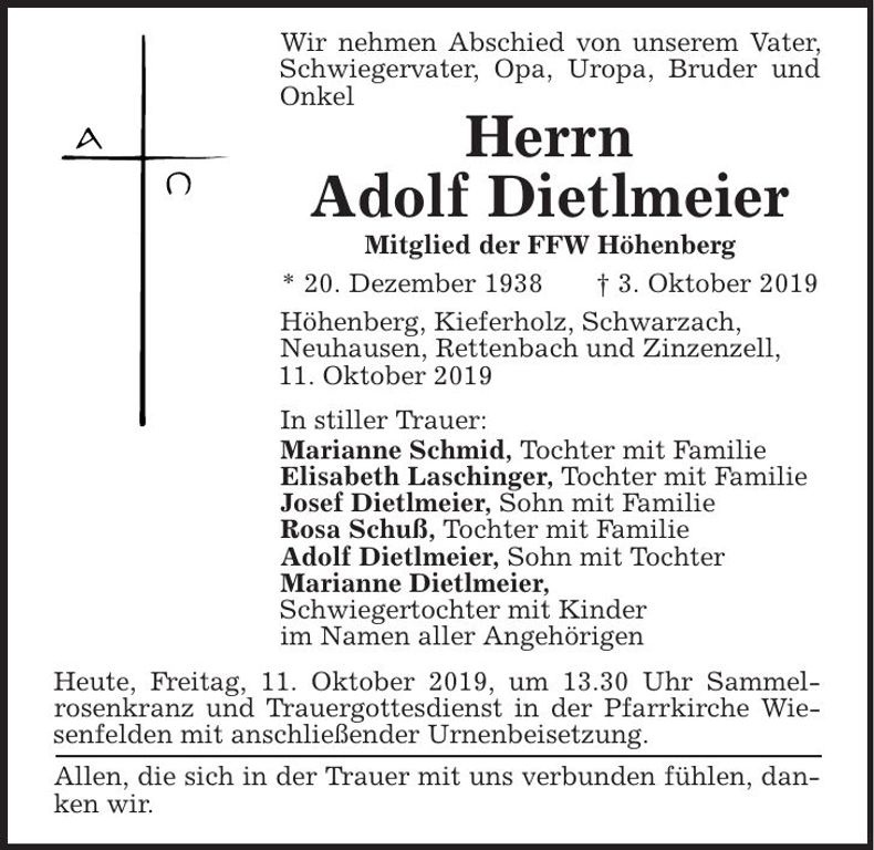 Traueranzeige Adolf Dietlmeier