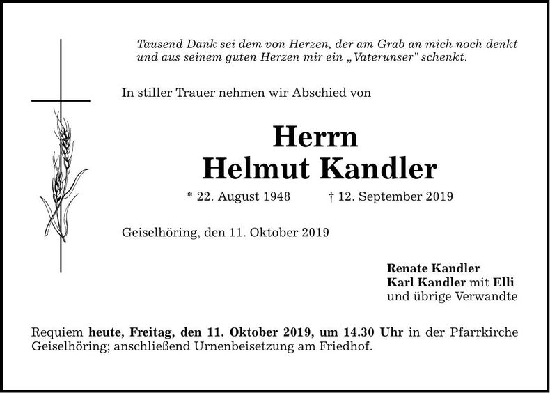 Traueranzeige Helmut Kandler