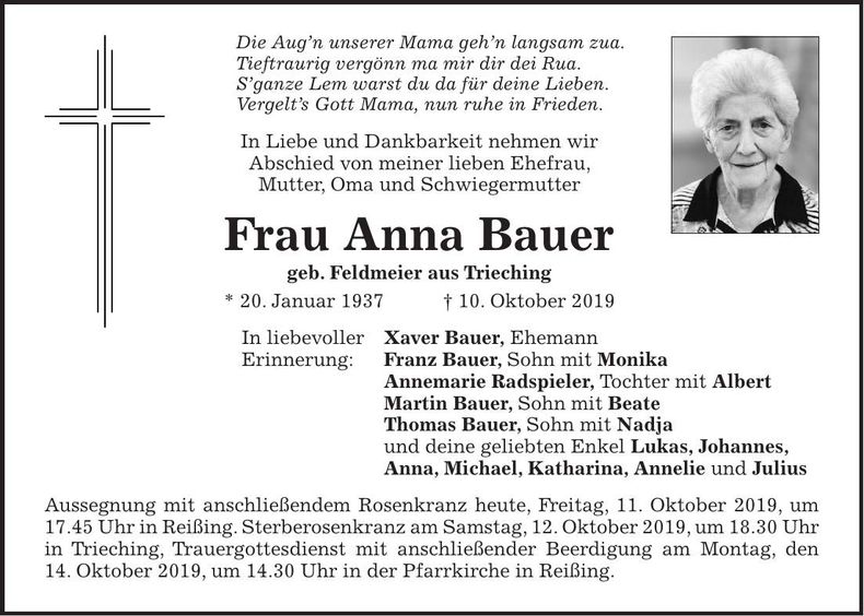 Traueranzeige Anna Bauer
