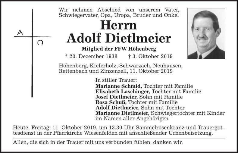 Traueranzeige Adolf Dietlmeier