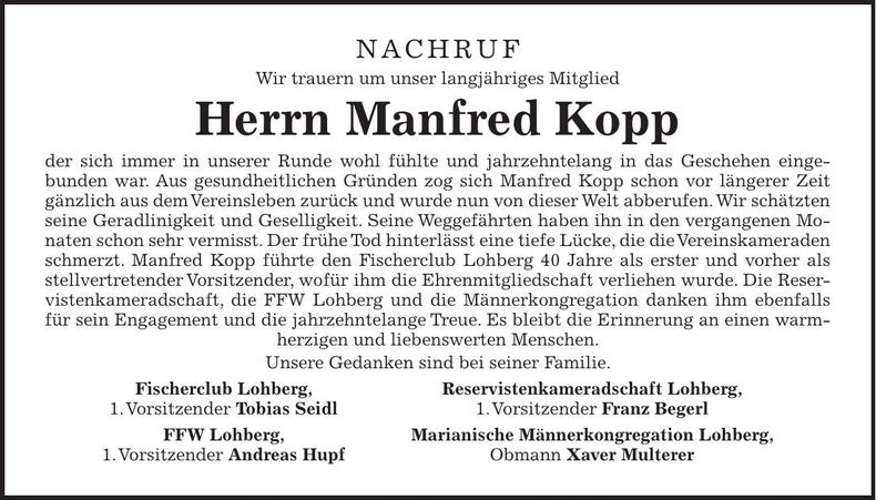 Traueranzeige Manfred Kopp