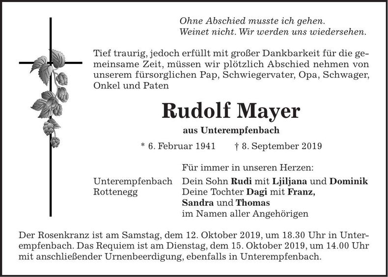 Traueranzeige Rudolf Mayer
