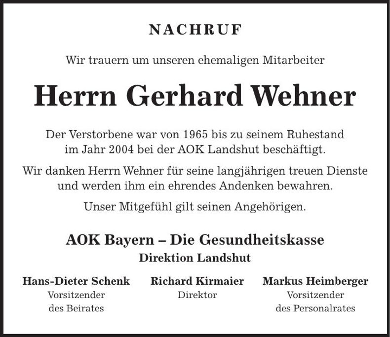 Traueranzeige Gerhard Wehner