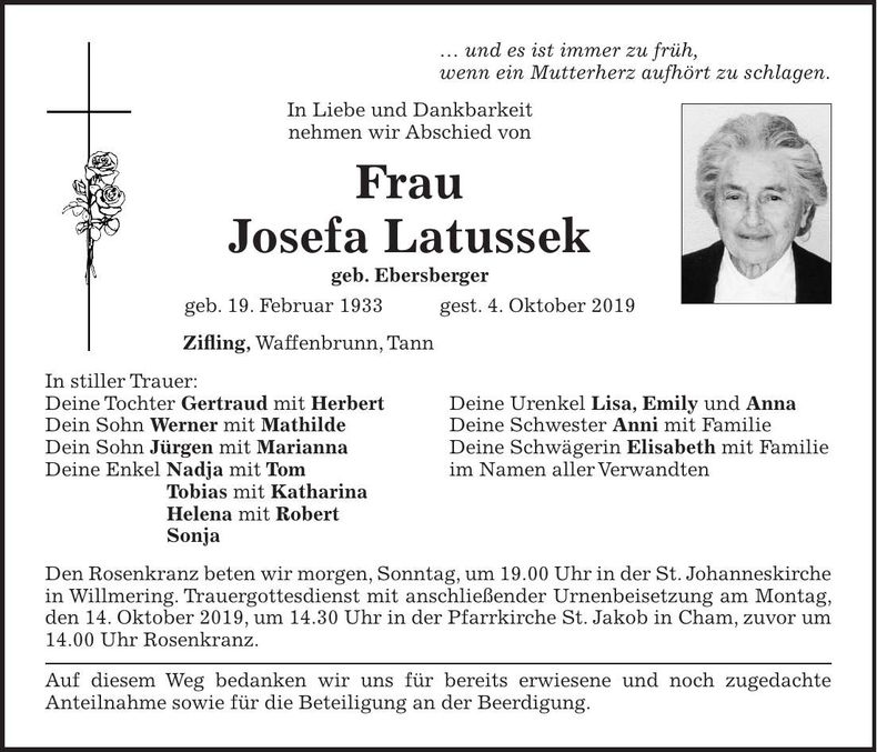 Traueranzeige Josefa Latussek