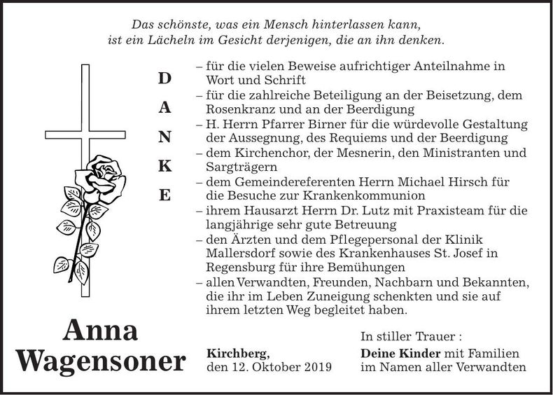 Traueranzeige Anna Wagensoner
