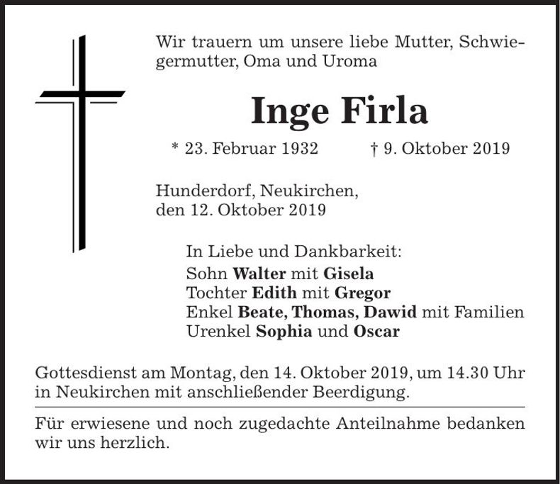 Traueranzeige Inge Firla