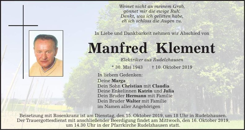 Traueranzeige Manfred Klement