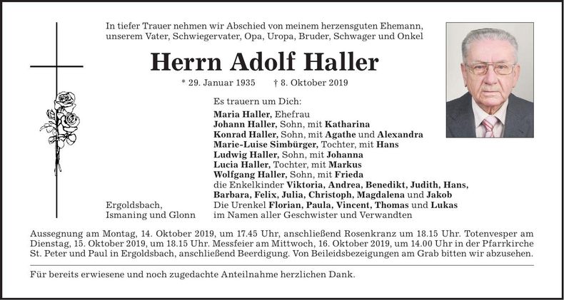 Traueranzeige Adolf Haller