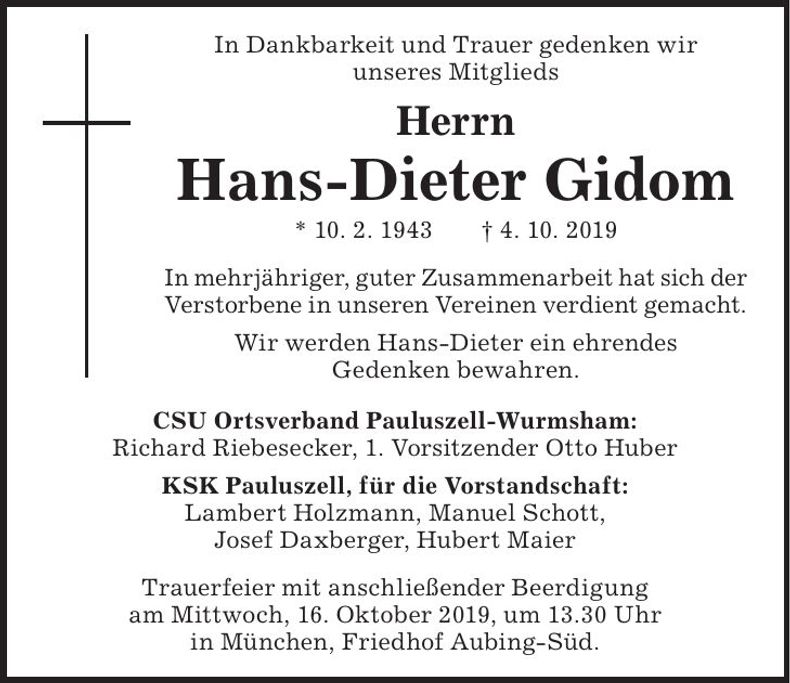 Traueranzeige Hans-Dieter Gidom