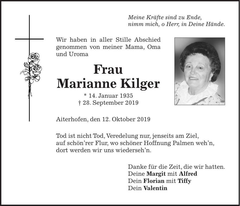 Traueranzeige Marianne Kilger