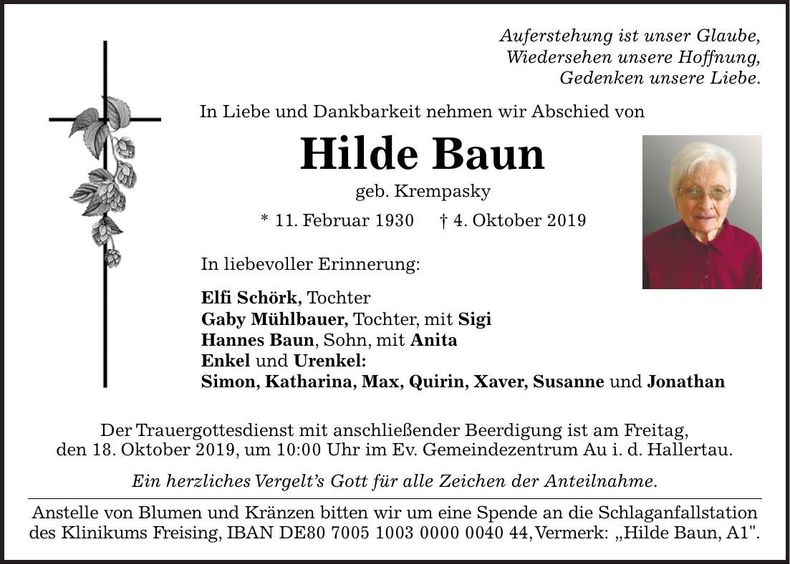 Traueranzeige Hilde Baun
