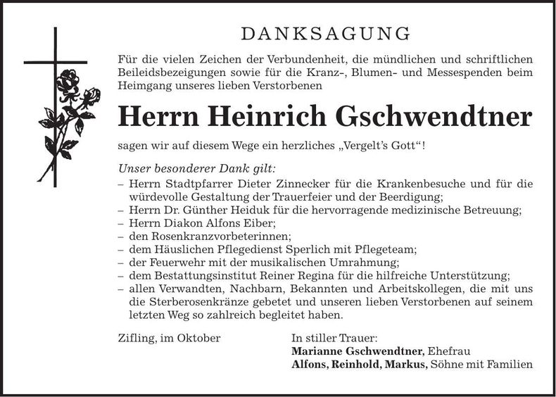 Traueranzeige Heinrich Gschwendtner