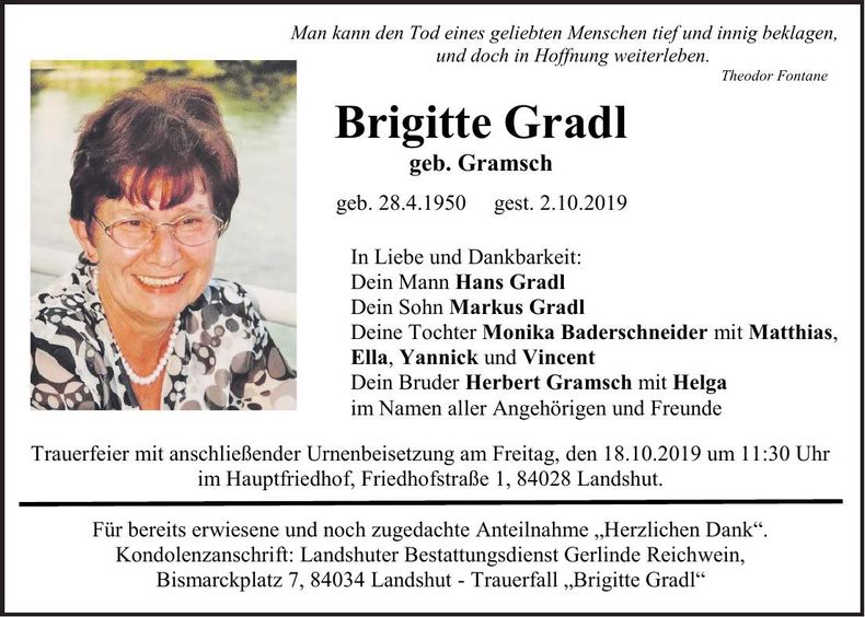 Traueranzeige Brigitte Gradl