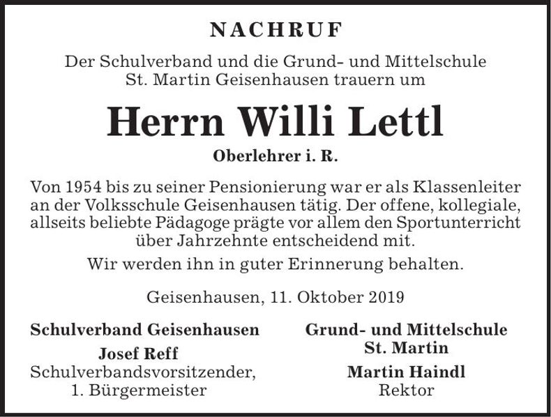 Traueranzeige Willi Lettl