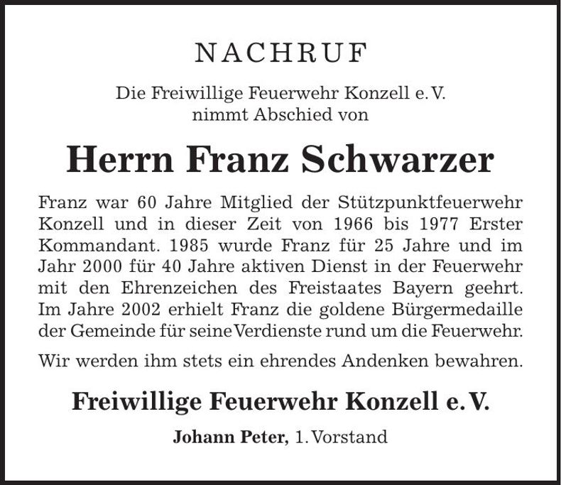 Traueranzeige Franz Schwarzer