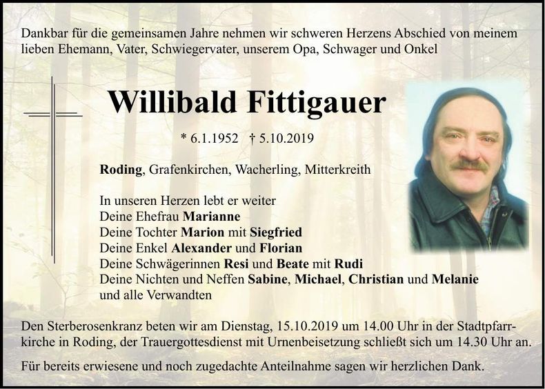 Traueranzeige Willibald Fittigauer