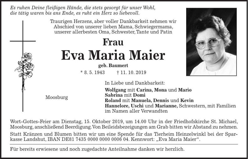 Traueranzeige Eva Maria Maier
