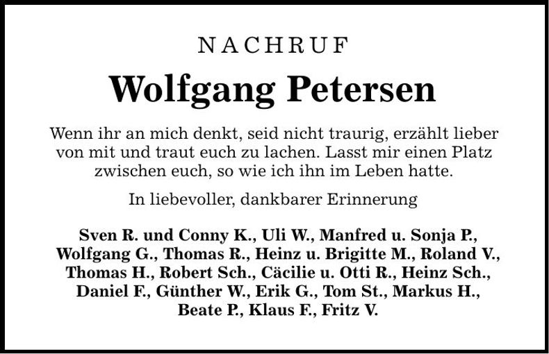 Traueranzeige Wolfgang Petersen