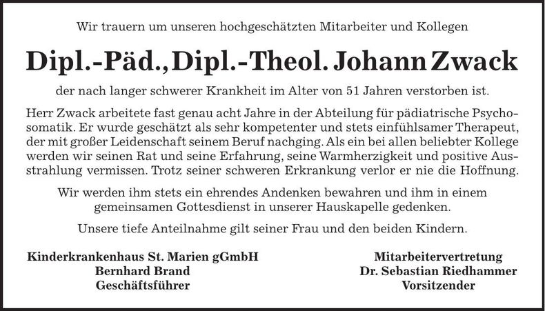 Traueranzeige Johann Zwack
